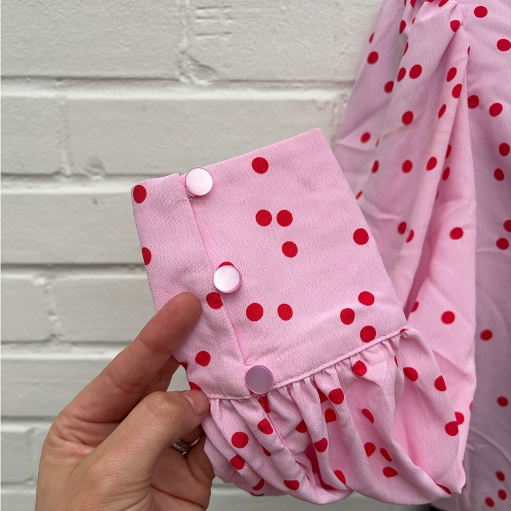 Miss Selfridge SQUARE NECK TOP WITH PUFF SLEEVES IN RED POLKA DOT-PINK, SZ 8 EUC - Picture 8 of 11